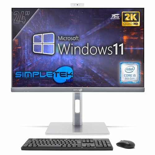 SIMPLETEK - All-in-One PC 24 2K 75Hz Core i5 8. Generation | Windows 11 Pro 8GB RAM und SSD 240GB | Computer All-in-One VESA-Anschluss Webcam Built-in Stand verstellbar