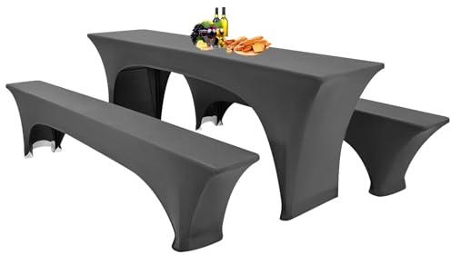 Showgeous 3 Stück dunkelgraue Biertischhussen Stretch-Biertisch- und Hockerhussen-Set für 50 cm Tischbreite Bierzelt-Set 220 x 50 x 80 cm für Bankett-Gartenmöbel im Freien