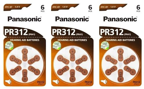 PANASONIC - Lote de 3 ampollas de 6 pilas PR312 Zinc Air para audífonos
