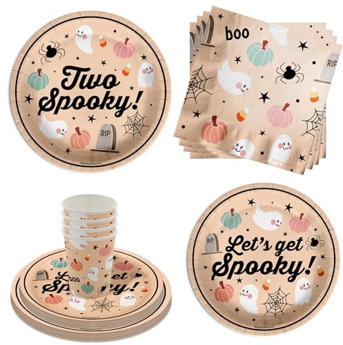 Two Spooky 2nd Birthday Party Supplies 64 Piece Tableware Set Includes Large 9 Paper Plates Dessert Plates, Cups and Napkins Kit for 16