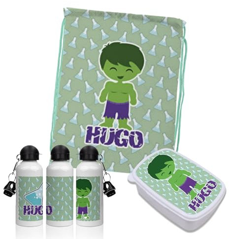PACK VUELTA AL COLE Mochila de cuerdas, botella y fiambrera personalizada. Ideal para ir al colegio o actividades extraescolares. Regalos personalizados. Diferentes modelos a elegir (Hulk)
