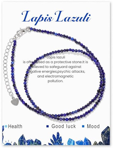 LOCCY Echte Naturstein Halskette für Damen, 2mm Perlenkette Boho Kristall Halskette mit Verschluss für Fraun Mädchen für Muttertag Geburtstag Weihnachten Geschenke, 41+5cm Länge (Lapis Lazuli)