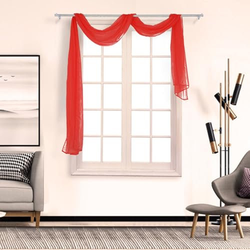 Whakano 2 Stück Querbehang Freihanddeko,Transparentem Gardinen Schals Voile,in 21 Farben erhältlich,Gardinen Tüll,Dekoschals,Vorhangschal für Fotografie Party Hochzeit Taufe,135cmx400cm,Rot