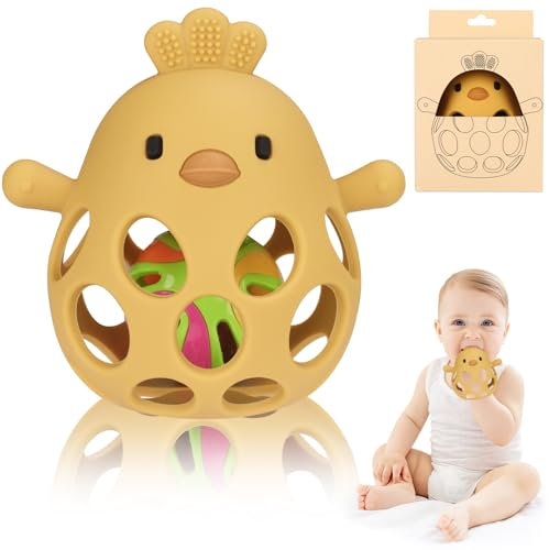 Venditer Silikon Babyrassel Hühnchen Beißring Baby, Sensorische Beißring Spielzeuge, Baby Spielzeug, Silikon Beißring, Motorik Spielzeug, Montessori Spielzeug, Rassel Baby, Babyspielzeug Gelb