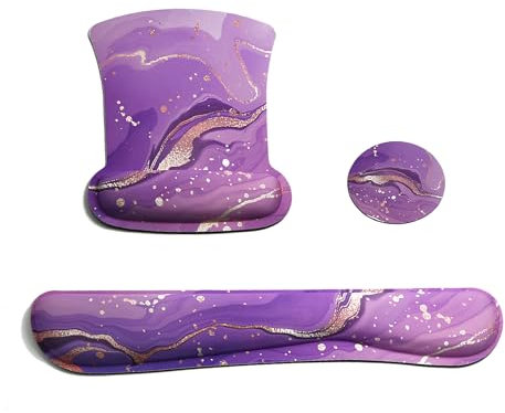 Keyboard Wrist Rest pad and Mouse Wrist Rest pad, Ergonomic Memory Foam Mouse Pad Set with Coaster,Non-Slip Computer Wrist Rest Support for Office, Game(Purple Gold Marble)