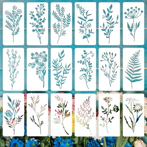 Blumen- und Blattschablonen zum Malen, 18 Stück, 15 x 7,6 cm, wiederverwendbare Kunststoff-Schablonen für Bastelarbeiten, Heimdekoration und DIY-Projekte