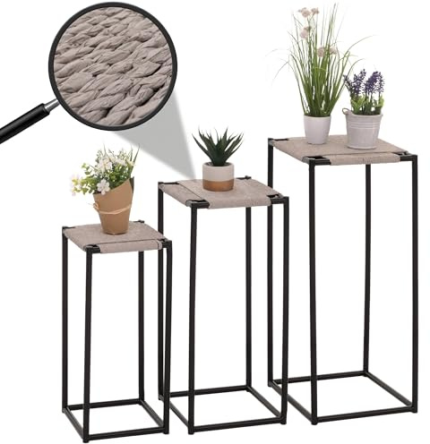 Mendler 3er-Set Blumentisch HWC-N70 Metall Papierseil - grau | Beistelltisch, Tisch, Blumenständer, Ablage, stapelbar
