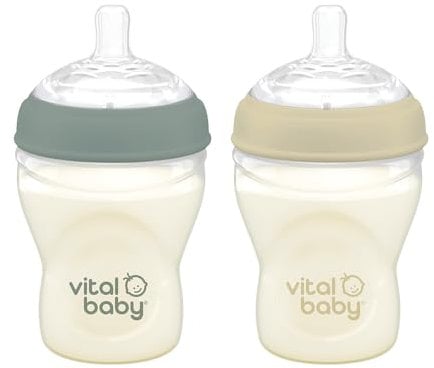 Vital Baby Breast-Like Baby Feeding Bottles 0m+, 240ml, Self-Sterilising in 3 Mins, Triple Anti-Colic Valves, Slow Flow Teats, EarthSmart Biodegradable, BPA-Free, 2 Pack