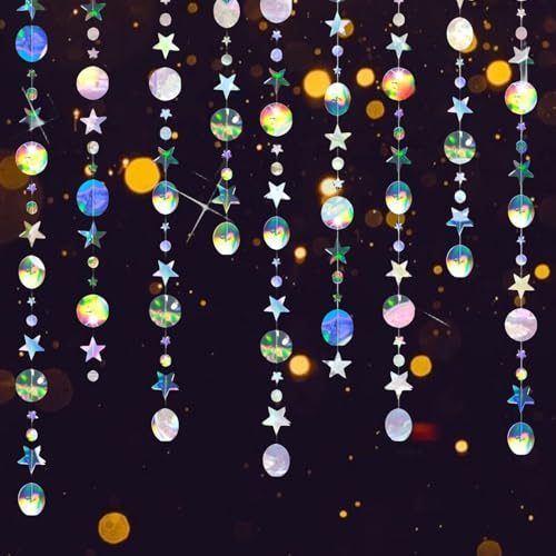 52 Ft Bunt Glitzer Rund und Stern Garland, 4 Stücke Hängenden Papier Girlande Holographisch Regenbogen, Papier Girlande für Geburtstag DIY, Hochzeit, Weihnachten, Party Deko(4M x 4)