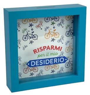 Salvadanaio Decorativo in Legno, Tema Biciclette, Design 'Risparmi per il mio Desiderio', 16x16 cm, Azzurro