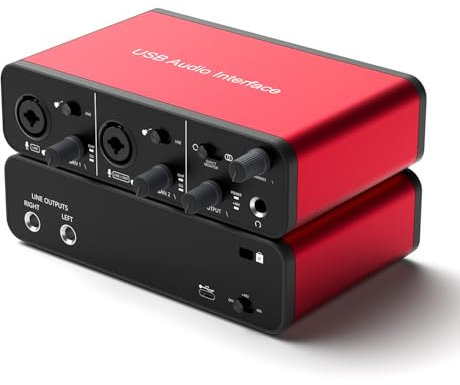 2i2 USB-Audio-Schnittstelle für Aufnahme von Podcasts und Streaming, 24-Bit/192 kHz, Plug-and-Play für professionelle Aufnahmen, XLR-Netzteil, rotes Audio-Interface, für PC und Mac, geräuschfrei