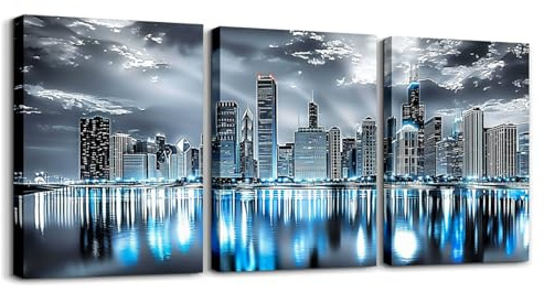 Homewish Bild Auf Leinwand Moderne Stadt Wandbilder Wohnzimmer Chicago City Skyline Leinwandbilder Blau Grau Stadtlandschafte Bilder Ästhetisch Bild für Schlafzimmer Büro Flur Küche 40x30cmx3Pcs