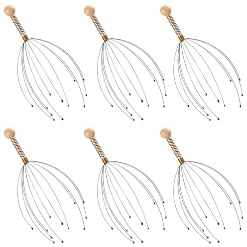 Kopfmassagegerät mit Oktopus Motiv, 6 Stück, Stahl und Holz | Multifunktions Massagegerät, Ergonomischer Holzgriff, Glatte Spitze, für Körper und Füße, Stress Zufällige Farbe