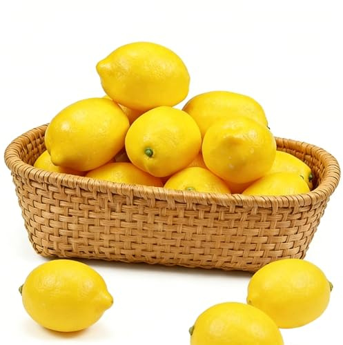 VPAFPEKG Künstliche Zitronen Deko, 12 Stück Künstliche Gelbe Zitrone, Realistische Fake Obst Zitronen, Gefälschte Frucht Zitronendeko für Urlaub Dekoration Party Tischdekoration Fotografie Requisiten