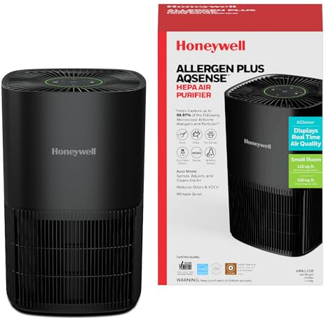 Honeywell Allergen Plus AQSense™ HEPA Air Purifier for Home, Bedroom & Pets, 530 sq ft Coverage, Air Quality Sensor, Auto Mode, Sleep Mode, 3-in-1 Filter, Smoke & Odor Reducer, AHAM Verifide, Black