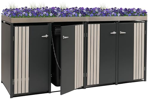 Mendler 4er-Mülltonnenverkleidung HWC-O67 - anthrazit Holzoptik hell | Mülltonnenbox, mit Pflanzkasten, Metall, 125x260x84cm, 95kg