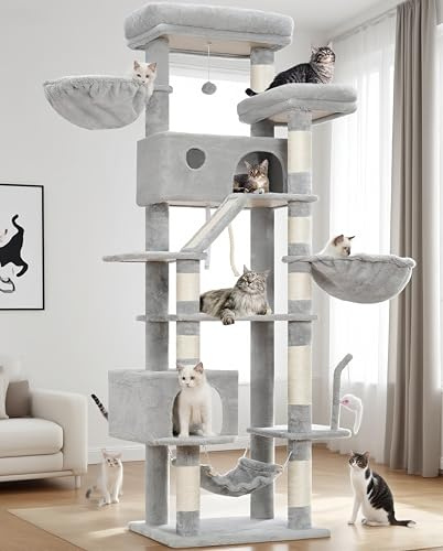 Gitelsnour Kratzbaum groß, katzenbaum große Katzen stabil für Innenbereich, 200 cm katzenkratzbaum mit geräumiger Plattformen, Katzenhöhlen, Hängematte, Sisalsäulen, Hellgrau GCT031W