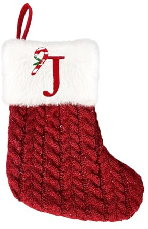 Weihnachtsstrumpf Personalisiert Nikolausstrumpf mit Buchstaben A-Z, 20cm Rot Gestrickte Christmas Stockings Nikolausstiefel Zum Befüllen & Aufhängen am Baum, Kamin Weihnachtssocken Geschenkhalter​​