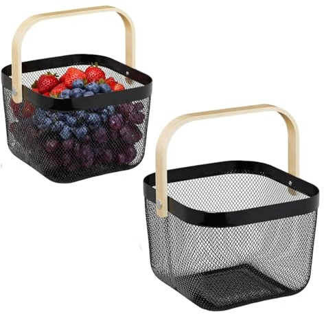 Korb mit Henkel 2er Set, Drahtkorb Metallkorb, Erntekorb Treppenkorb Eisen, kleiner Obstkorb hängend Körbe Küche Bad Garten18 x 24,5 x 24,5 cm,2 Stück(Schwarz)