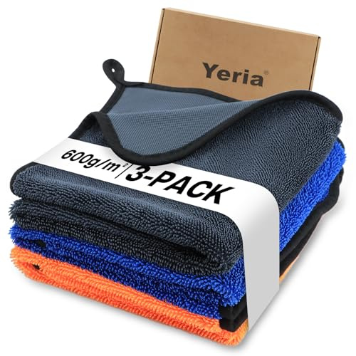 Yeria 3er Pack Auto Trockentuch Dusche (3, Mischpackung, 40 * 60) | 600GSM Mikrofaser Trockentücher, Wundertuch, Auto Handtuch, Grau Orange Blau, Box, Saugstark, Streifenfrei, für Auto, Dusche