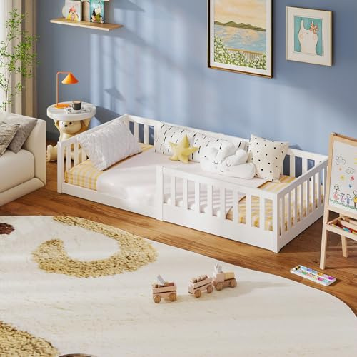 labebe Kinder-Bodenbett 90 x 200, weißes Massivholz-Montessori-Bett mit Sicherheitsgeländer und Lattenrost (Matratze Nicht im Lieferumfang enthalten) Geeignet für Kinder und Babys