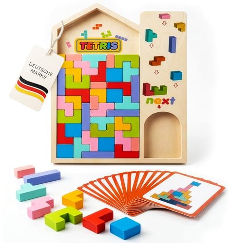 FeinMoment Tetris Holzpuzzle inklusive 10 doppelseitig gedrückte Karten zum Nachmachen– Stapelsteine - Montessori Spielzeug für Kinder ab 3 Jahre - Tüftel Tetris Montessori - Kinderspielzeug