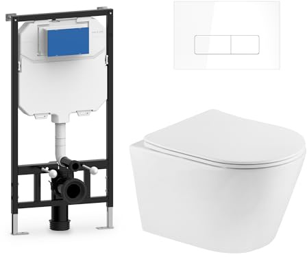 Inodoro Suspendido Completo con Bastidor y Pulsador. WC Colgante | Cierre Suave Soft Close. Sanitarios WC para Baño. Doble Descarga 3/6L. Váter de Porcelana Blanca