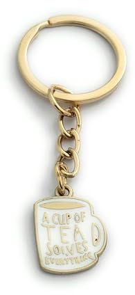 FizzyButton Gifts A Cup of Tea Solves Everything Key Ring Keyring with Enamel Charm and Gold Tone Keychain