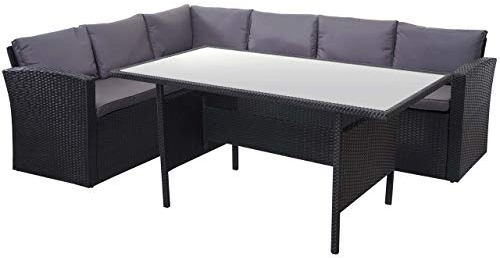 Mendler Poly-Rattan-Garnitur HWC-A29, Gartengarnitur Sitzgruppe Lounge-Esstisch-Set, schwarz - Kissen dunkelgrau