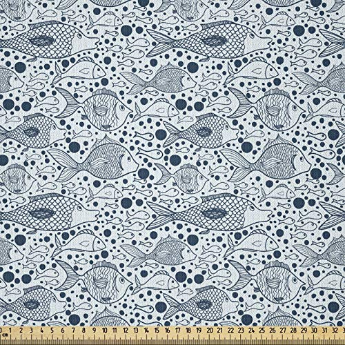 ABAKUHAUS Fisch Stoff als Meterware, Skizze der Seetiere, Microfaser Multi Zweck Dekostoff für Kunsthandwerke, 3M (230x300cm), Blau
