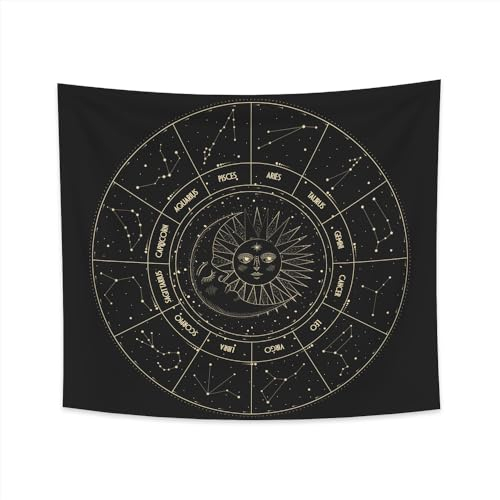 YONGFOTO 150x130cm Konstellationen Wandteppich, Sternzeichen Wandteppiche Mond Sonne Sterne Himmlische Konstellation Tarot Wahrsagerei Wandteppich für Divination Room Wohnheim Dekor Sofabezug Teppich