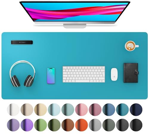 Aothia Schreibtischunterlage,Mauspad mit Leder und Rutchfeste Wildleder,Multifunktionales Office Mousepad Laptop Schreibunterlage,Tisch-Schutz Unterlage für Büro/Home(91cmx43cm, Türkisblau)