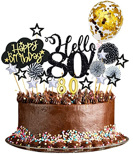 80 Geburtstagstorte Topper,19 Stücke 80 Geburtstag,80th Happy Birthday Tortendeko,Kuchen Deko mit 80th Geburtstagskerzen Cake Topper Tortendeko für Mann Frauen (80-schwarz)