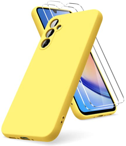 Vansdon Funda Compatible con Samsung Galaxy A34 5G, 2 Unidades Protector Pantalla Cristal Templado, Silicona Líquida Gel Ultra Suave Funda- Amarillo