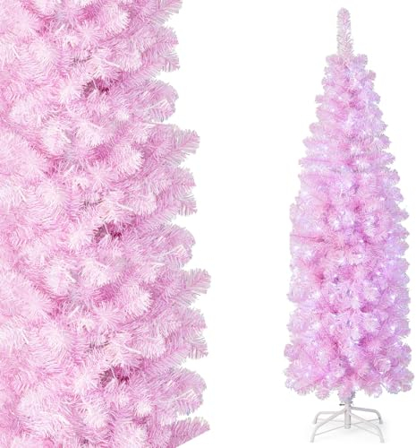 COSTWAY 180cm Künstlicher Weihnachtsbaum Bleistift, LED beleuchteter Tannenbaum mit 250 kaltweißen LEDs, schlanker Christbaum Weihnachten, Kunstbaum mit Metallständer, Rosa
