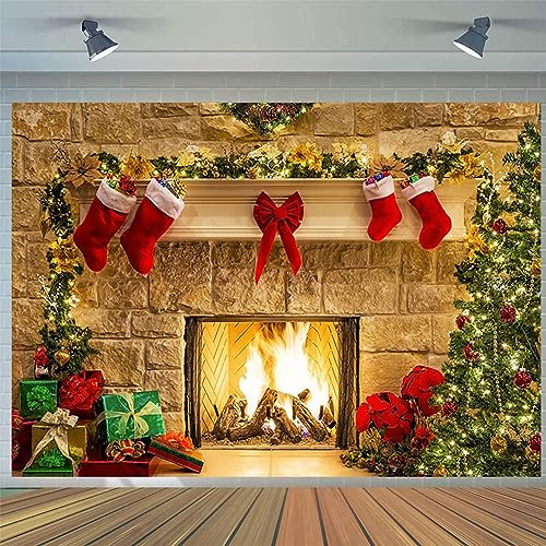 2.1x1.5m Foto Hintergrund Weihnachten Kamin Vintage Xmas Baum Strümpfe Winter Fotografie Hintergrund Familie Kinder Porträt Fotoshooting Weihnachten Party Dekorationen Banner Fotowand Requisiten