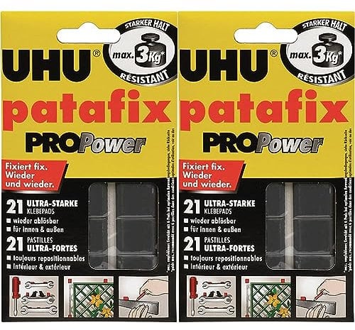 UHU patafix PROPower - Super starke, wieder ablösbare und wieder verwendbare Klebepads, schwarz, 21 Stück (Packung mit 2)