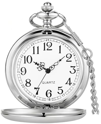 Tiong Reloj de bolsillo clásico de cuarzo de acero pulido con números romanos para hombres y mujeres, relojes de bolsillo, cadena, regalo para el día del padre y cumpleaños, Clásico