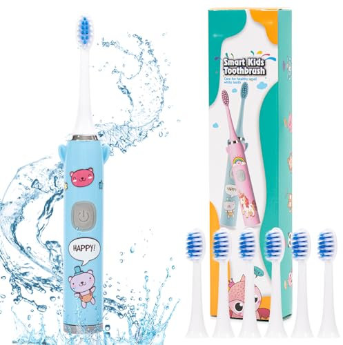 Electric Toothbrushes, Electric Toothbrush Kids, Battery Operated Kids Toothbrushes with 6 Toothbrush Heads for Travel (Blue)