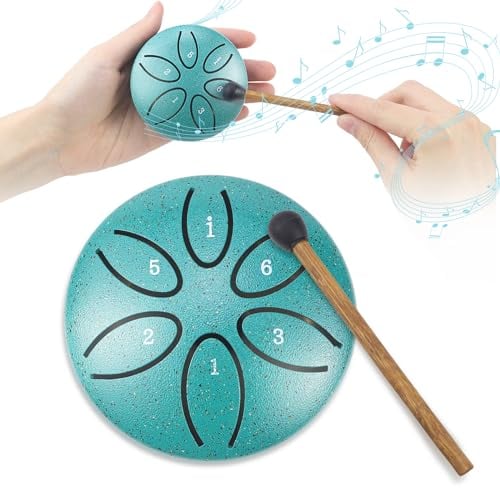 Zungentrommel Steel Tongue Drum 6 Töne Handpan Instrument Stahlzungentrommel Mini Pan Drum Percussion 3 Zoll Stahlzungen mit Schlägeln für Meditation Yoga (Grün)