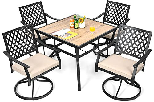 COSTWAY 5PCS Patio Dining Set, Metal Frame Garden Furniture Set with 90cm Square Table, 4 Swivel Chairs & Removable Cushions, Outdoor Conversation Table Chair Set for Balcony Yard Poolside