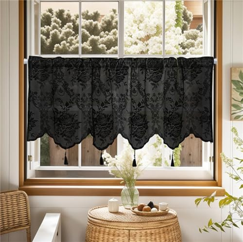 Ueiwffzo Scheibengardinen transparent Jacquard Gardine, Landhausstil Bistrogardine Transparent Vorhänge, Kurzgardinen für Cafe Küche Tür Korridor 1 Stück (Schwarz,BxH 137x60cm)
