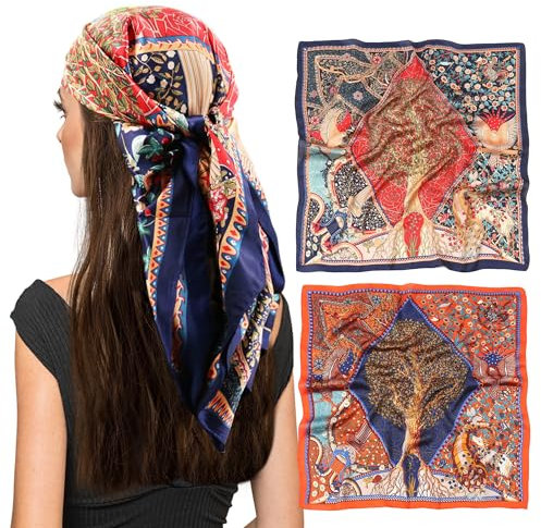 vimate Satin Kopftuch-Damen 35'' X 35'' Quadrat Anmutig Orange Marine Sei Wie Halstücher für Haar Wrapping in r Nacht (2 Pack-I)