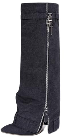 Stivali Alti Fino al Ginocchio con Polpaccio Largo e Punta a Punta da Donna, Comodi Stivali in Jeans con Tacco Medio, Stivali alla Moda Autunno Inverno a metà Polpaccio
