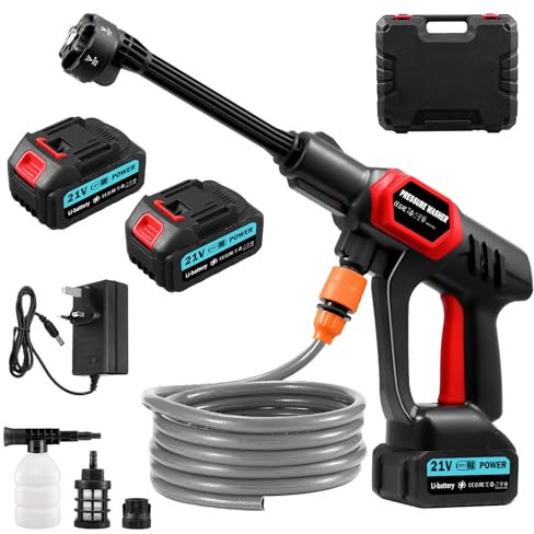 Sararoom Idropulitrice a Batteria | 21V 45Bar/652PSI Idropulitrice alta pressione senza fili | Pistola idropulitrici portatile con 2 batterie,6 in 1 Ugello,5M Tubo,per Auto Giardino Pavimenti Lavaggio