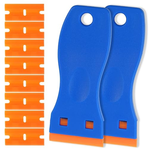2-Pack Plastic Scraper Tool with 8 Double-Sided Spares, Non-Scratch Sticker Remover for Car Glass, Kitchen Hobs & Window Tint, Safe Adhesive Cleaning Gadget for Labels & Decals
