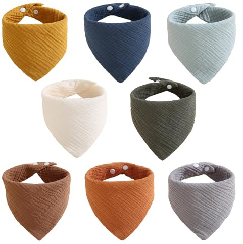 CHUANFU 8 Stycken Baby Haklapp, Triangel Baby Scarf 100% Bomull, Högt Absorberande Musselinhaklappar med Justerbara Knappar för Unisex Flickor och Pojkar, 50*20 cm