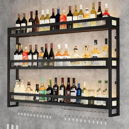 WEDGO Wall Mounted Bar Shelves with LED Lighting – Metal Wine Rack for Bottles & Hanging Glass Storage, Industrial Bar Shelves for Home Bar, Kitchen or Wine Cellar