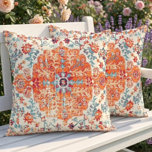 Luzzxfa 2er Set Outdoor Kissen Wetterfest Kissenbezug 50x50 cm Boho Dekokissen Vintage Kissenhülle Rot Kissen Sommer Sofakissen für Wohnzimmer Sofa Garten Balkon Camping