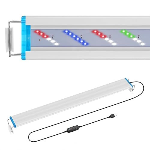 Aquarium LED Beleuchtung [28-44cm] mit Timer & Controller, 3 Farbmodi + 10 Helligkeitsstufen – Einstellbare Pflanzenlampe mit ausziehbaren Halterungen für Süßwassertanks